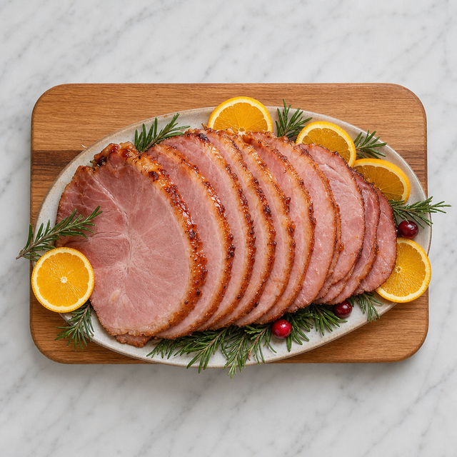 Sliced honey-glazed Christmas ham showing its tender center