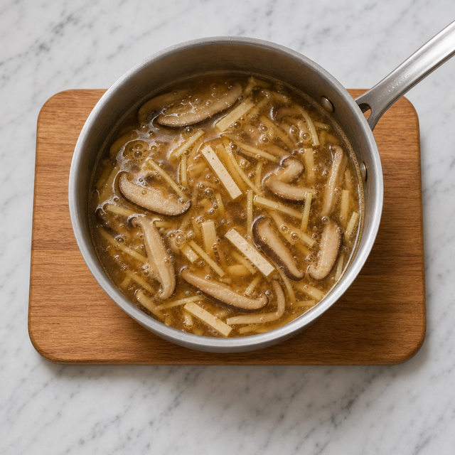 Tofu, shiitakes, bamboo shoots, and ginger simmering in hot and sour soup