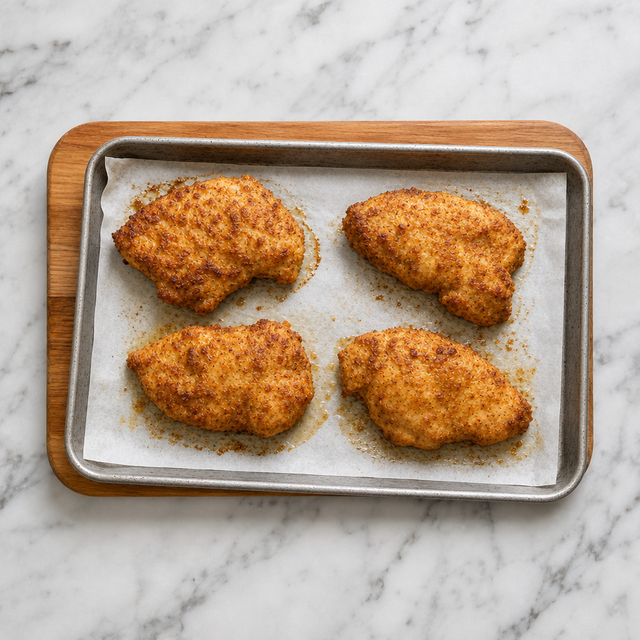 Golden baked chicken cutlets resting on a parchment-lined baking sheet