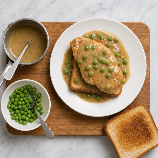 Canadian hot chicken sandwich covered with pepper gravy and served with green peas