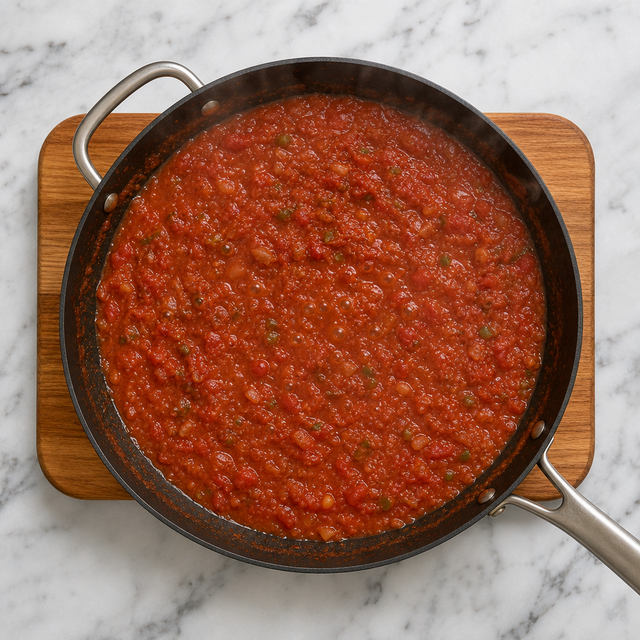 Rustic tomato ranchero sauce simmering in a skillet