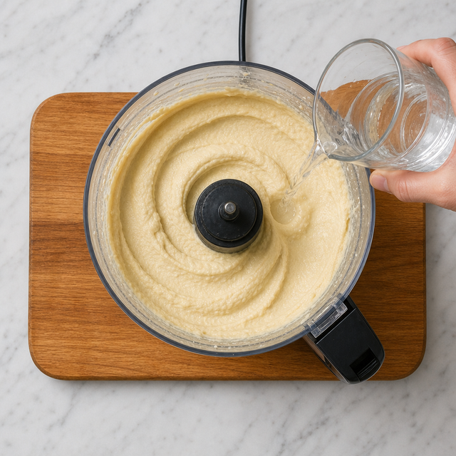 Silky hummus being blended with ice water in a food processor.