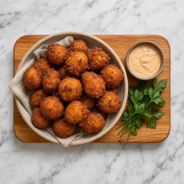 Golden hush puppies served with dipping sauce