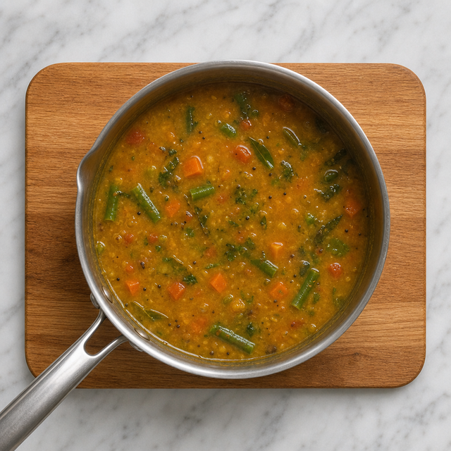 Pourable vegetable sambar with tender carrots and green beans