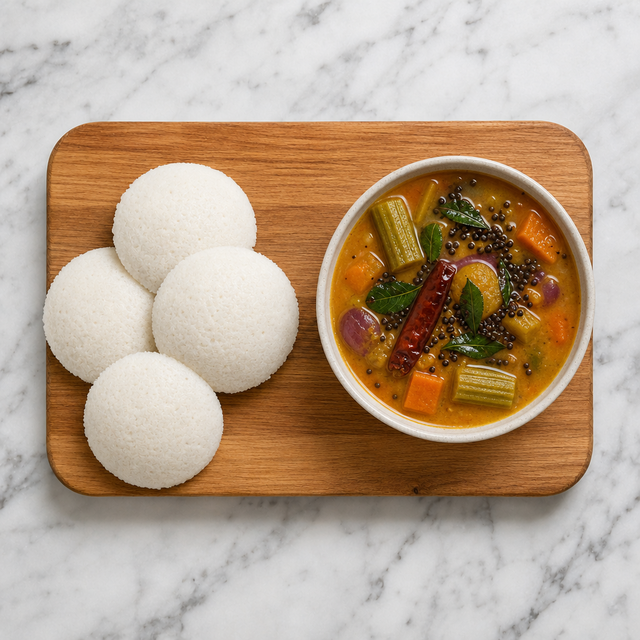 Idli served with vegetable sambar and curry leaf tempering