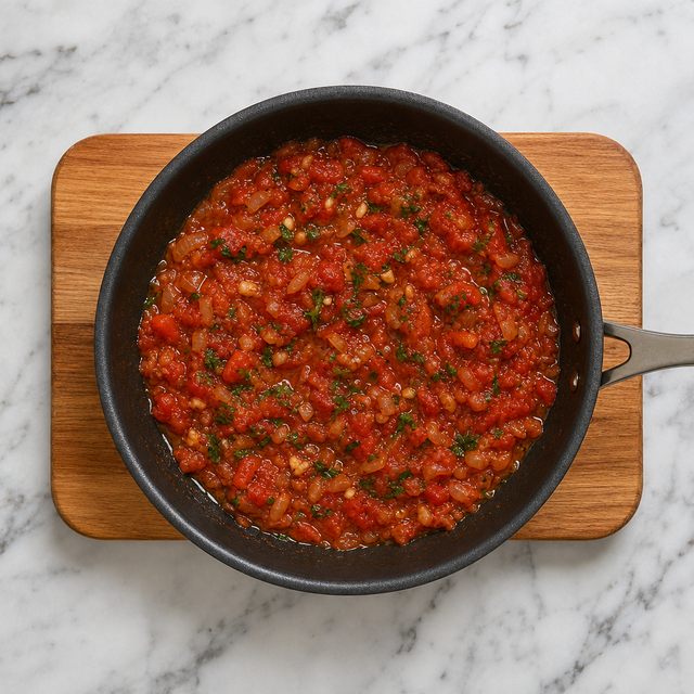 Glossy tomato and onion filling simmering in a skillet