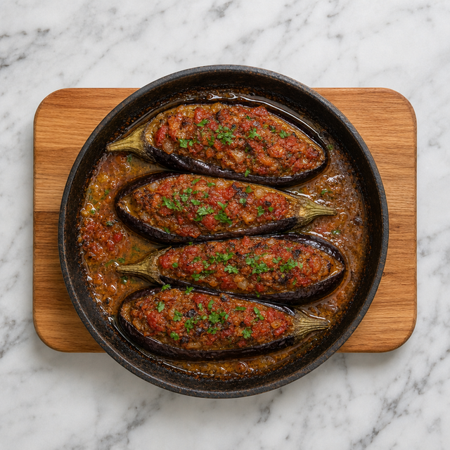 Tender stuffed eggplants with browned tomato and onion filling