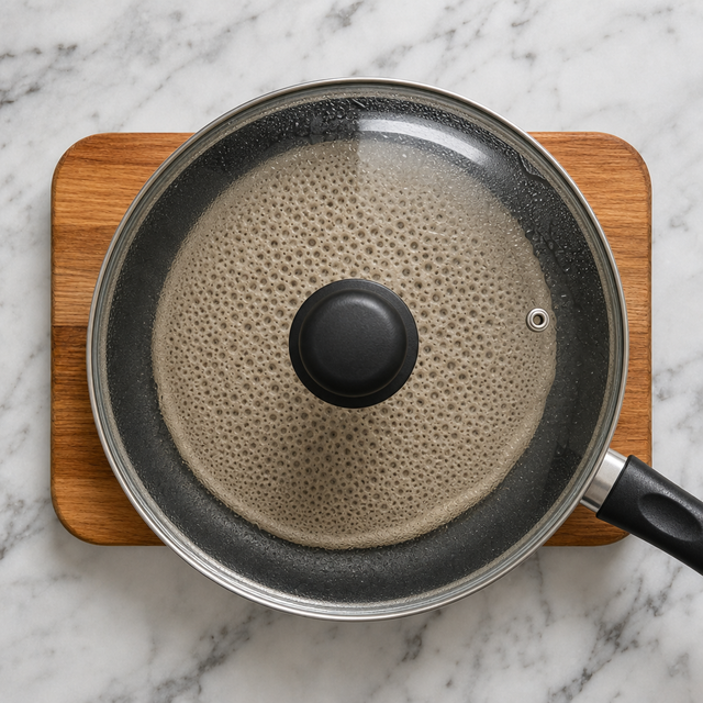 Injera with a lacy honeycomb surface and set edges in the skillet.