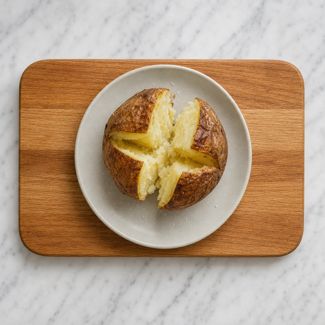 A jacket potato opened to reveal its fluffy center