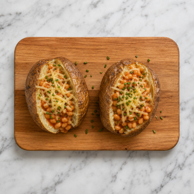 Jacket potatoes topped with baked beans, melted Gouda, and chives