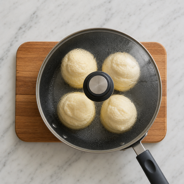 Tall Japanese soufflé pancakes rising in a covered skillet