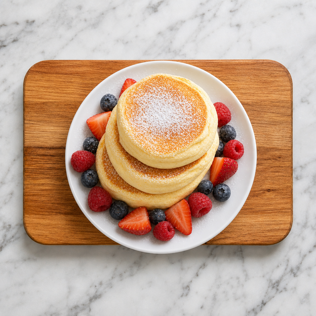 Stack of Japanese soufflé pancakes with berries and confectioners sugar