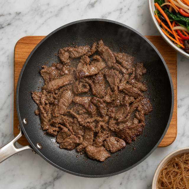 Thinly sliced beef browned for japchae