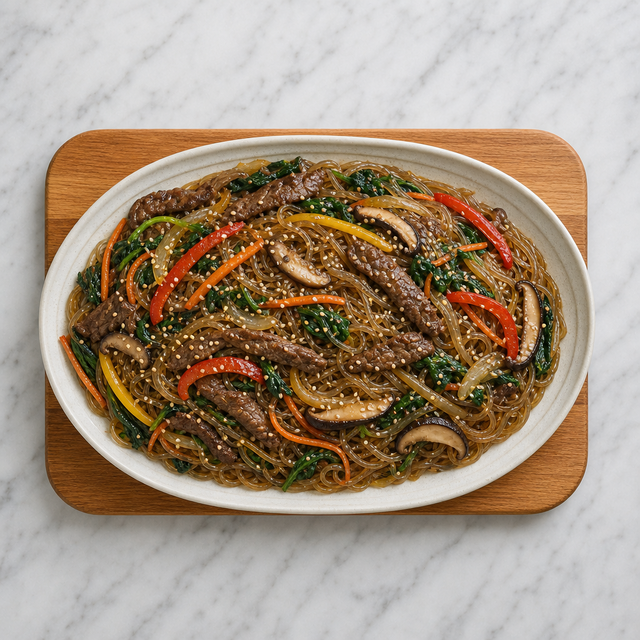 Finished japchae with beef, vegetables, and sesame seeds