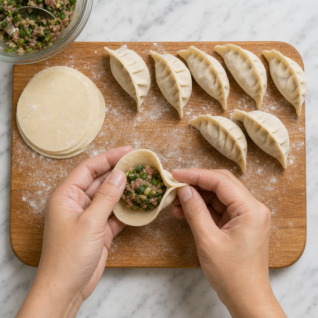 Hands pleating and sealing a jiaozi dumpling