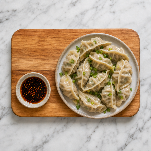 Plate of homemade jiaozi dumplings with black-vinegar dipping sauce