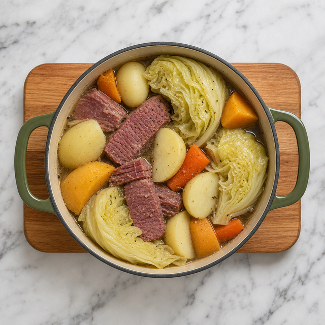 Vegetables and salt beef simmering together for Jiggs Dinner