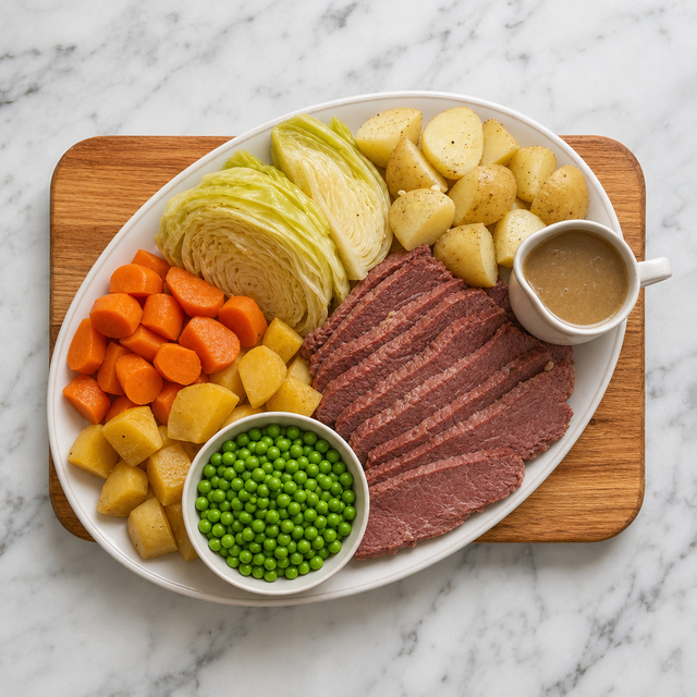 Traditional Jiggs Dinner platter with salt beef and vegetables