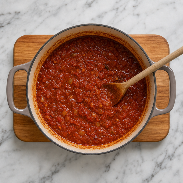 Thick glossy pepper and tomato sauce simmering in a saucepan