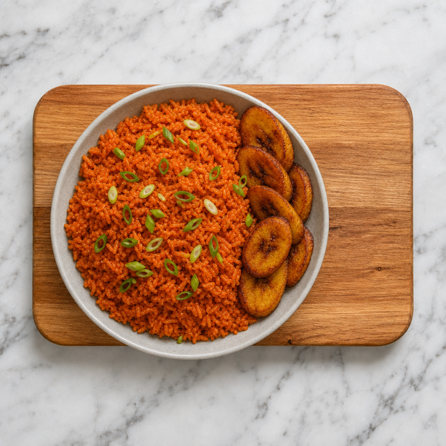 Vibrant West African jollof rice with distinct grains and fried plantains