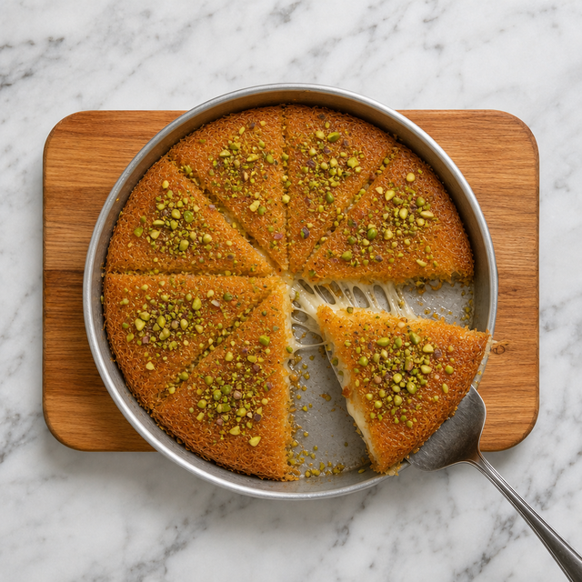 Warm kanafeh wedge with creamy cheese, crisp pastry, and pistachios