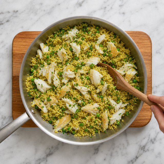 Smoked haddock flakes folded through curried rice and peas