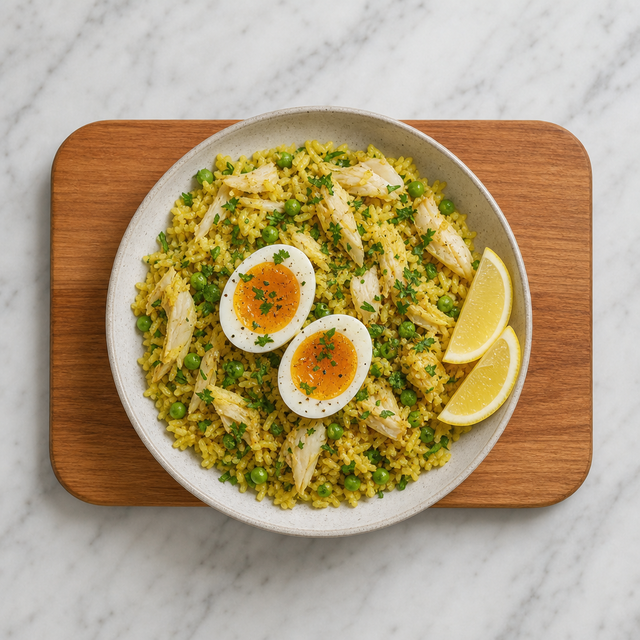 A bowl of kedgeree topped with smoked haddock, peas, parsley, and soft-boiled eggs