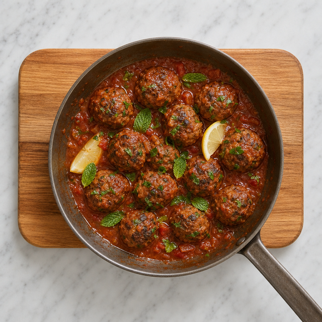 Finished keftedes in tomato sauce