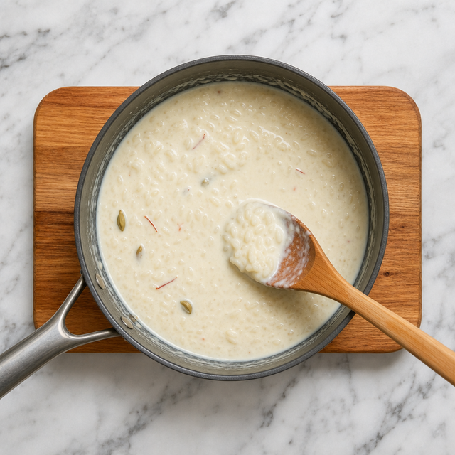 Creamy kheer thickening as rice simmers in milk