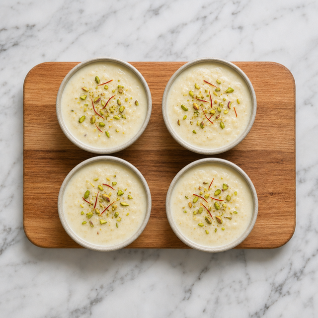 Chilled Indian kheer garnished with pistachios and saffron