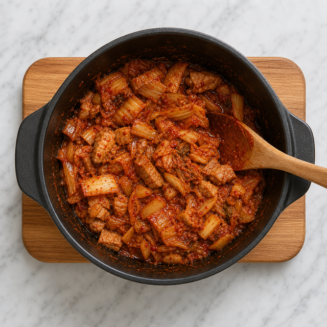 Kimchi and pork cooking with red pepper paste in a pot