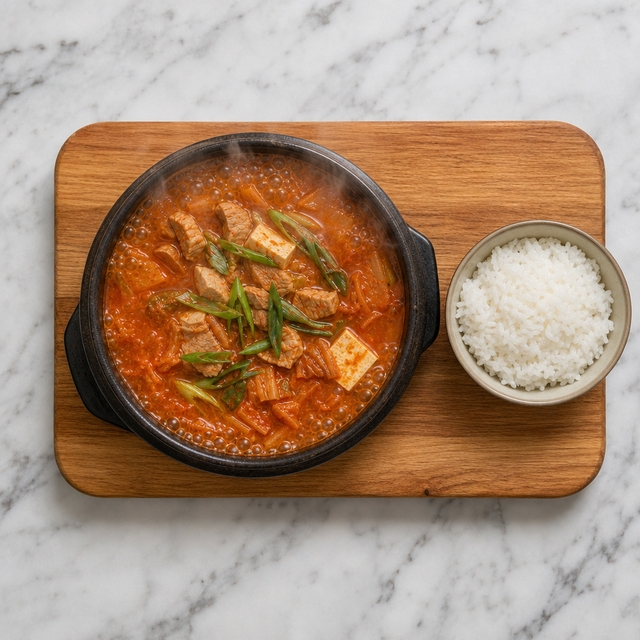 Steaming bowl of kimchi jjigae with tofu, pork, and scallions