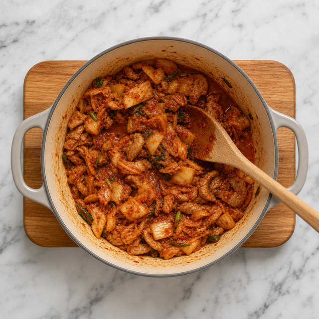 Kimchi and pork sauteing until glossy in a heavy pot.