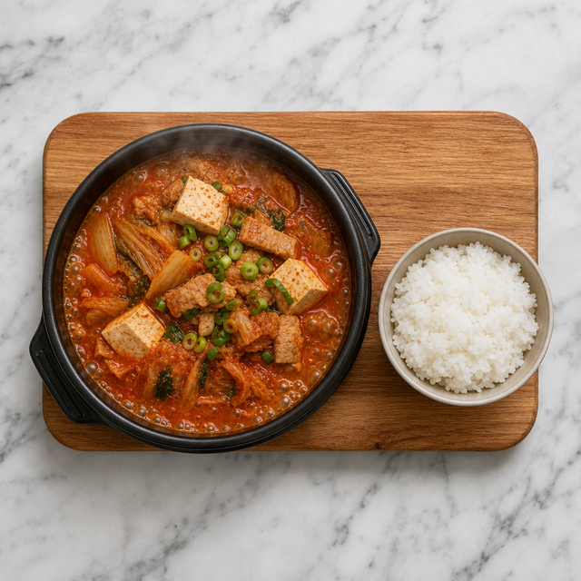 Bowl of Korean kimchi stew with pork, tofu, kimchi, scallions, and rice.