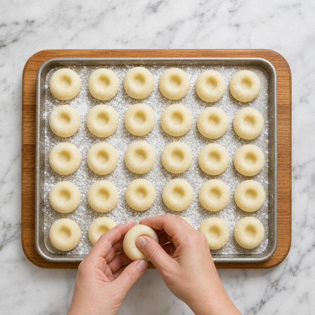 Potato dumplings shaped with their characteristic thumbprints