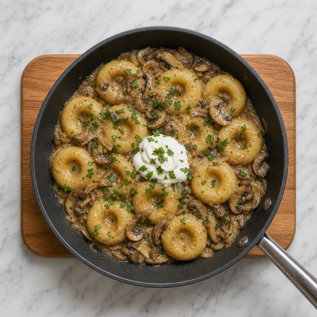 Kluski Śląskie served with mushroom sauce, sour cream, and parsley