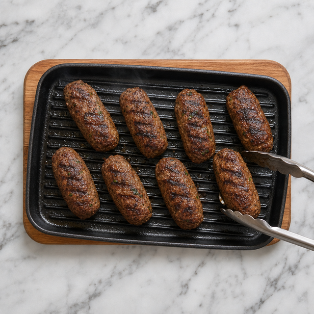 Kofta kebabs grilling with charred marks