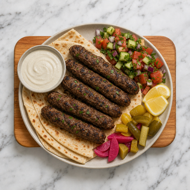 Kofta kebabs served with flatbread and tahini sauce