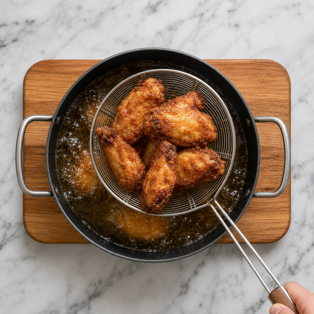 Deeply golden chicken wings lifted from the oil after the second fry