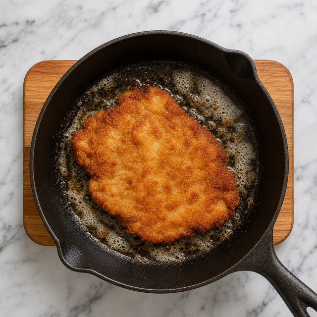 Golden breaded pork cutlet frying in butter and oil