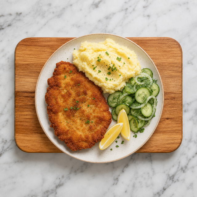 Kotlet Schabowy served with lemon, mashed potatoes, and cucumber salad