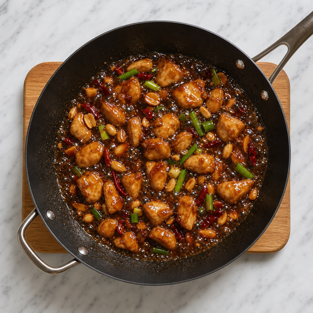 Glossy sauce coating chicken pieces in a wok