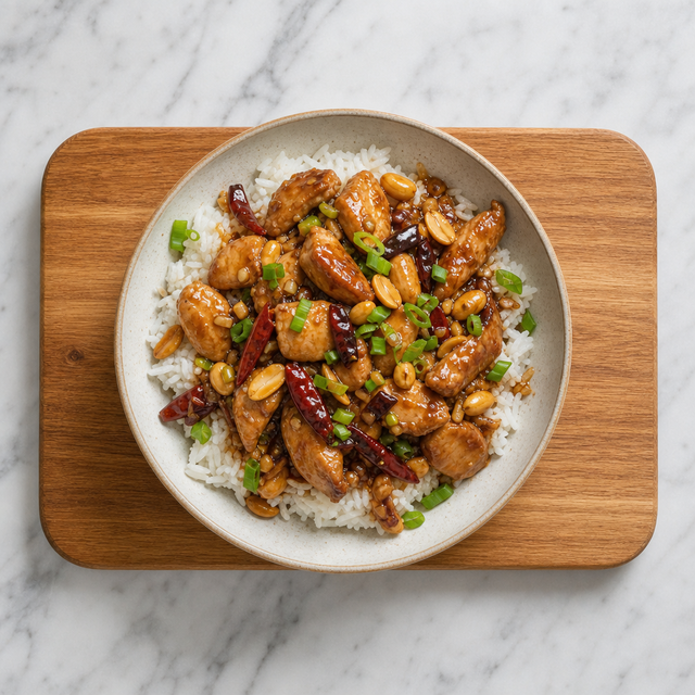 Kung Pao Chicken with peanuts and red chiles served over jasmine rice