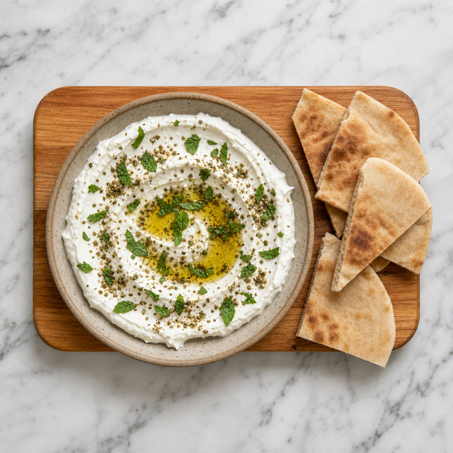 Labneh spread with olive oil, mint, and za'atar