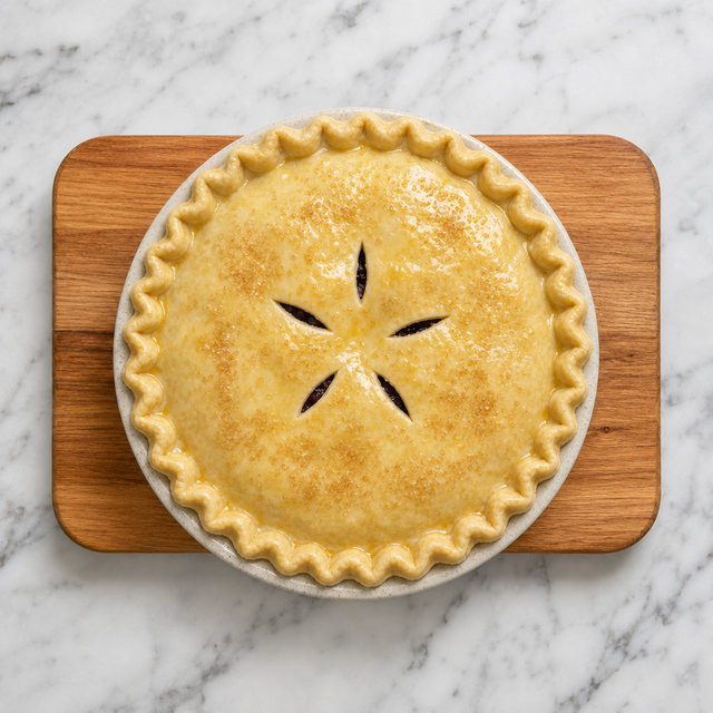 Unbaked blueberry pie with crimped crust and vent holes