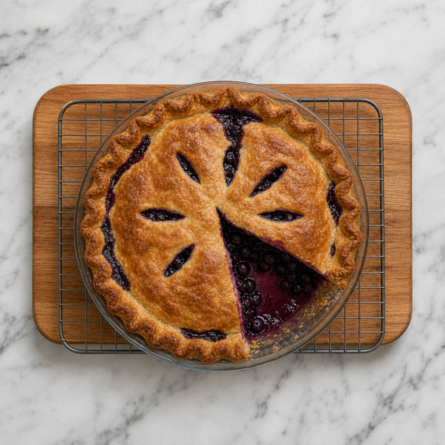 Golden Lac-Saint-Jean blueberry pie cooling on a rack