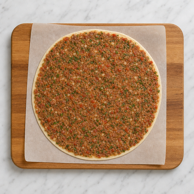 Lahmacun dough covered with an even lamb topping