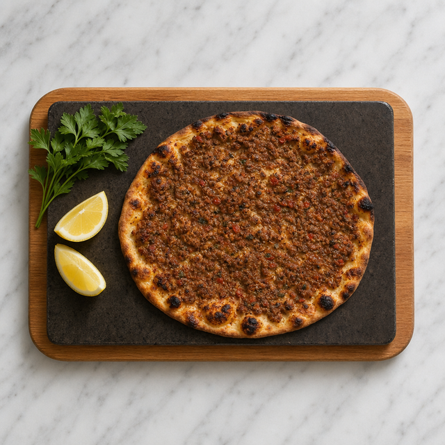 Freshly baked lahmacun with blistered edges