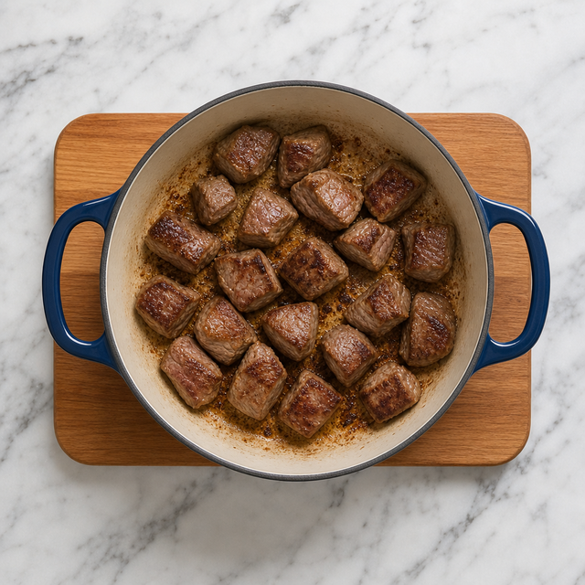 Lamb cubes browned in a Dutch oven
