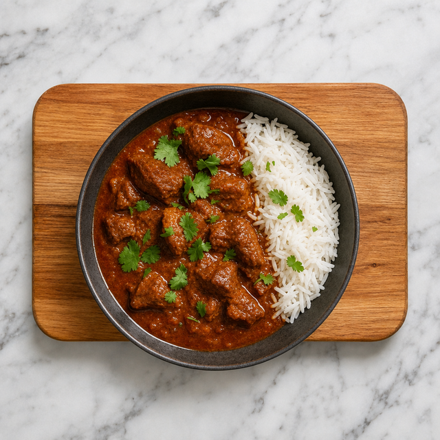 Finished Lamb Rogan Josh with tender lamb in a glossy red sauce